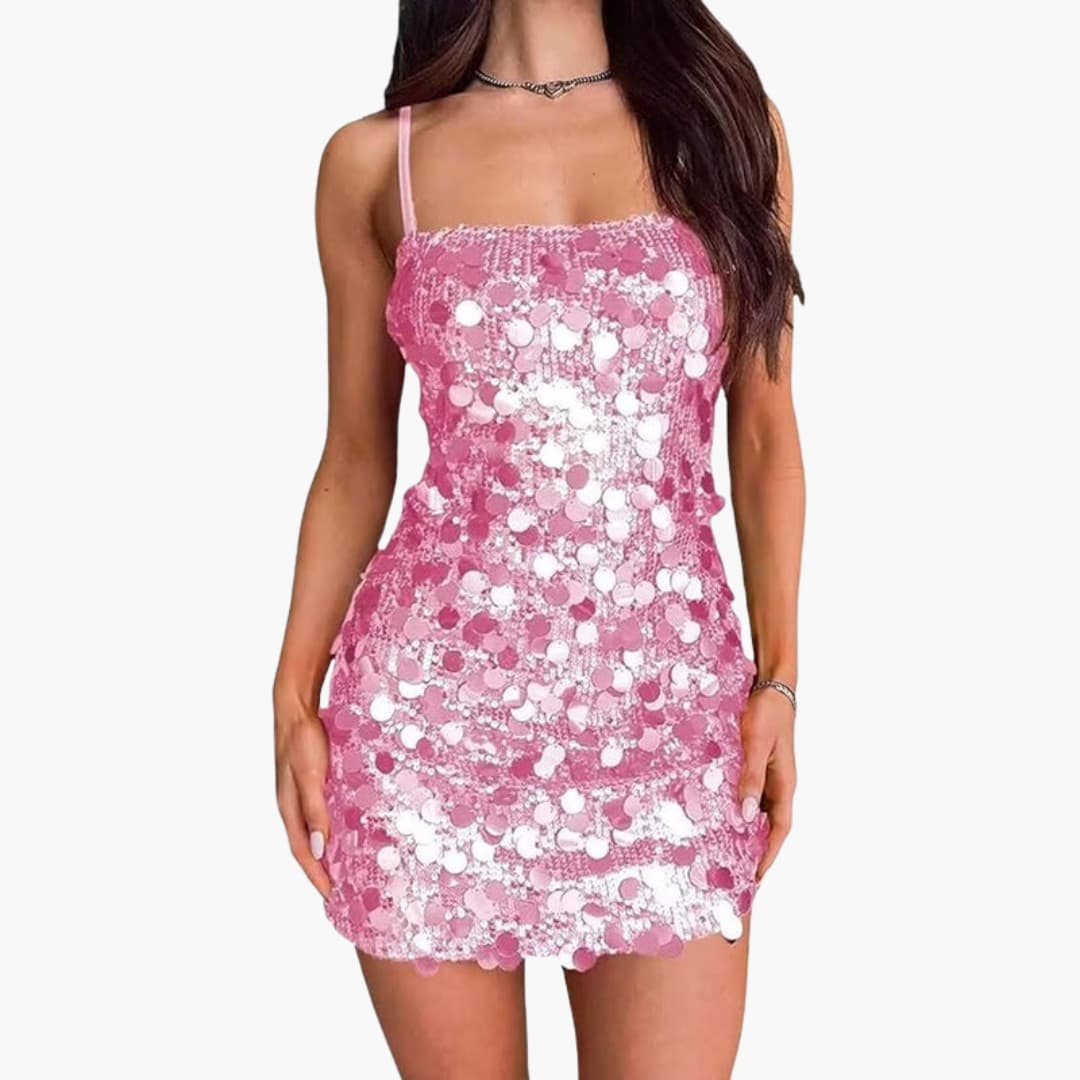 Women's short sequin spiral dress with thin straps, fitted bodice, and party-ready shimmer