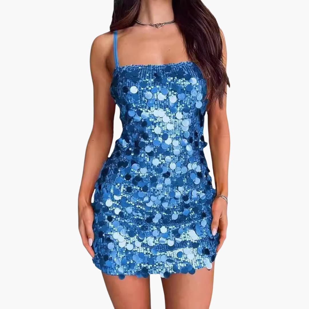 Women's silver sequin spiral mini dress with thin straps, fitted bodice, and short skirt for party