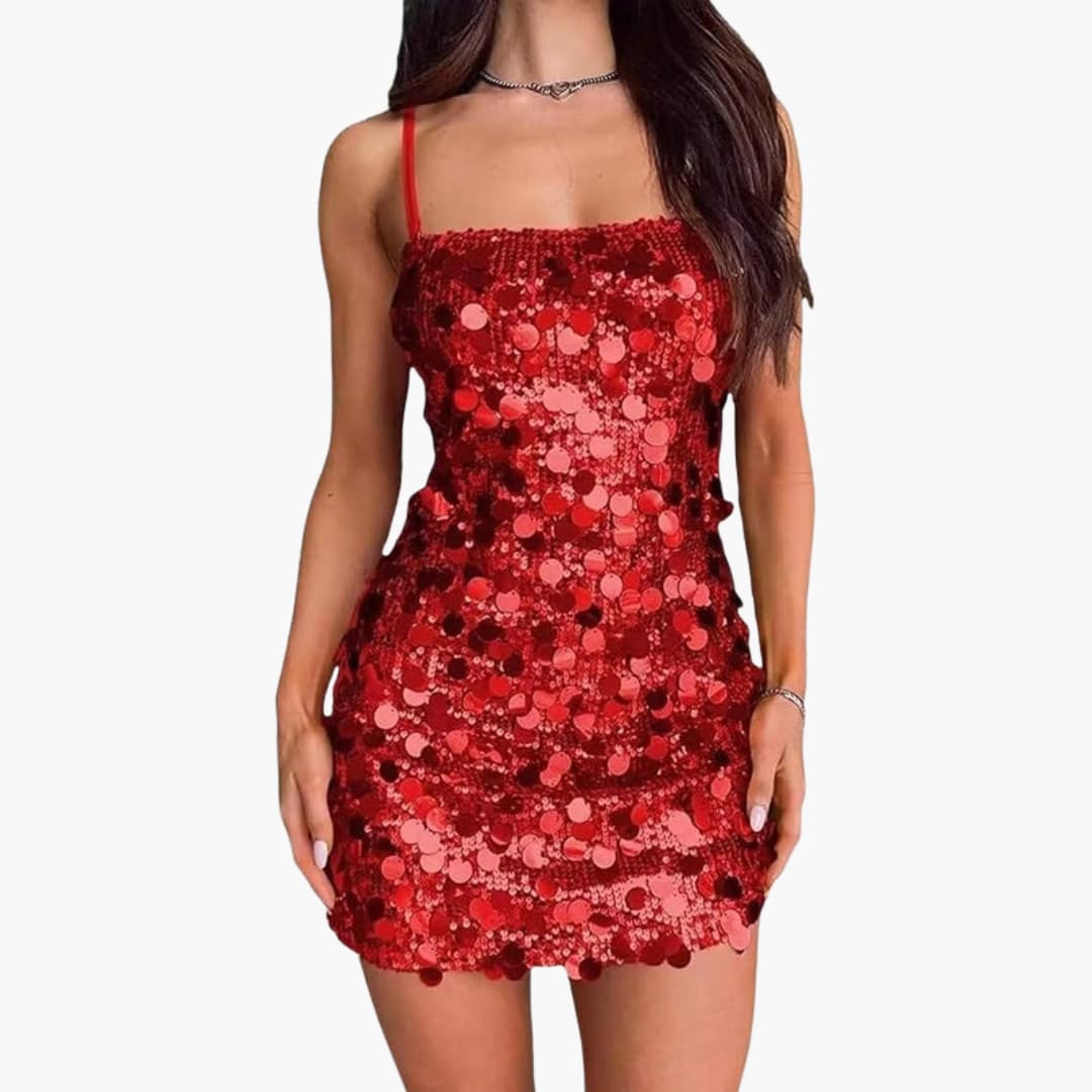 Women's silver sequin spiral mini dress with thin straps, fitted bodice, and short skirt for party