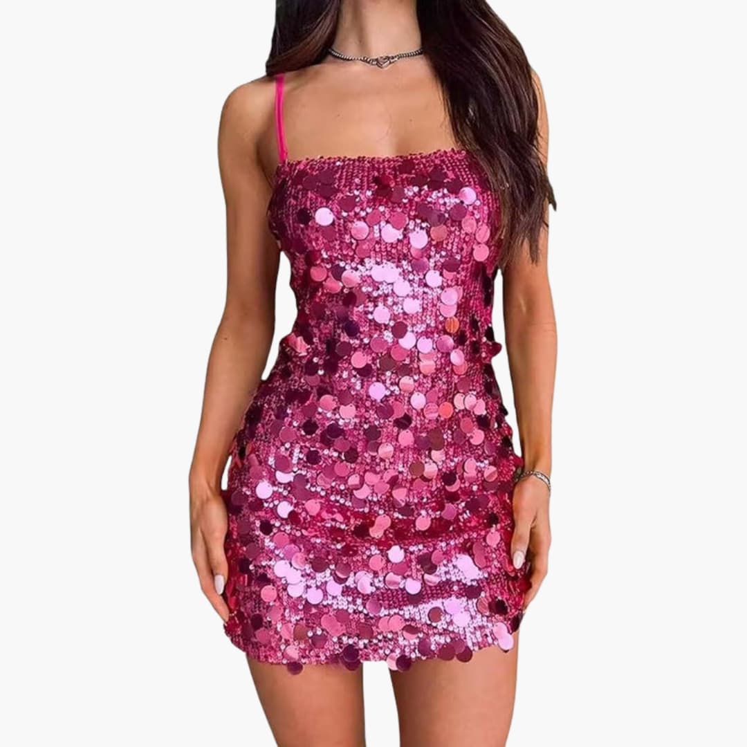 Women's silver sequin spiral mini dress with thin straps, fitted bodice, and short skirt for party