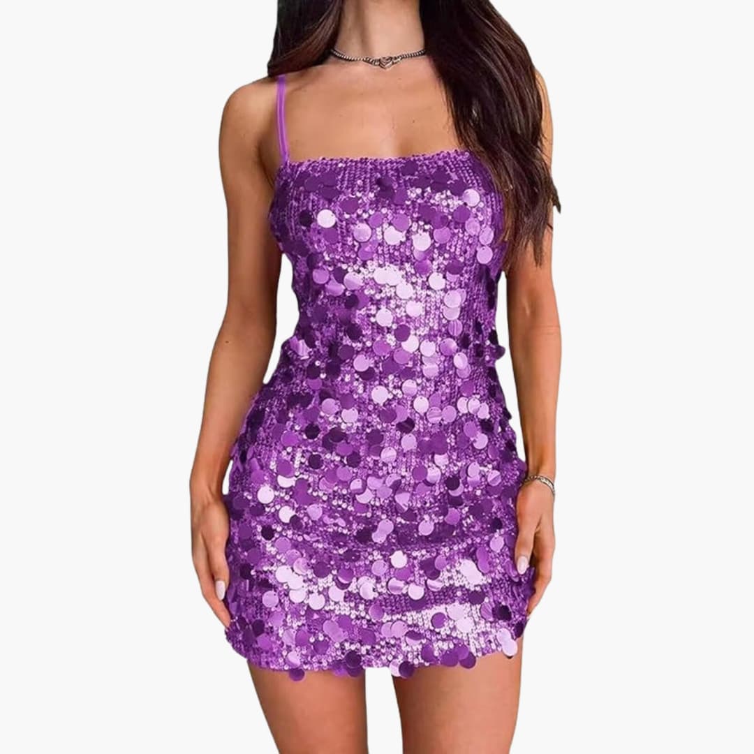 Women's silver sequin spiral mini dress thin straps fitted bodice short skirt party style