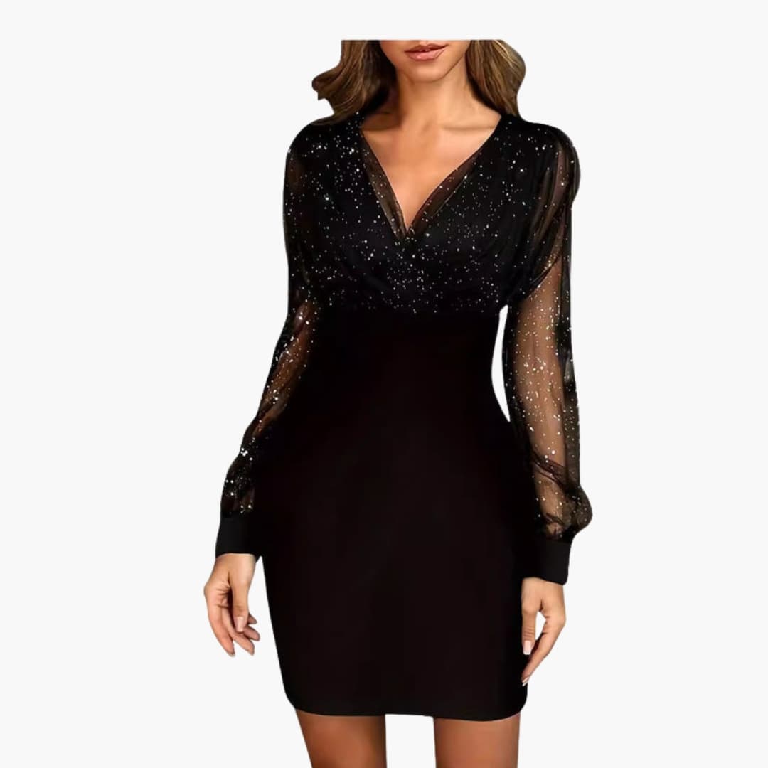 Women's silver sequin cocktail dress with sheer sleeves, V-neckline, and tailored festive fit