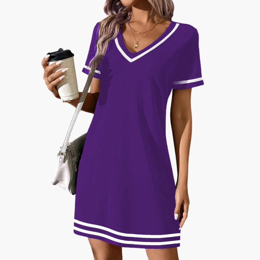 Women's sporty V-neck short sleeve dress with contrasting trim, loose fit for active everyday wear