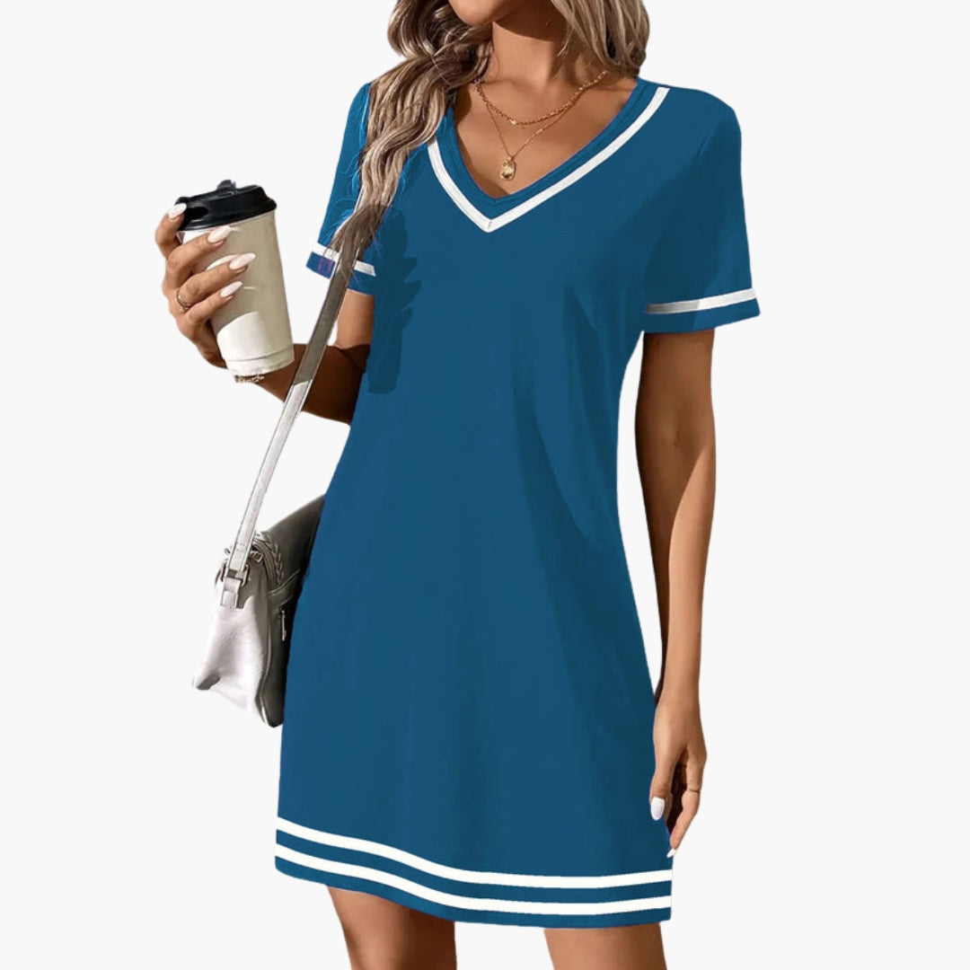 Women's sporty V-neck short sleeve dress with contrasting trim, loose fit for active everyday wear