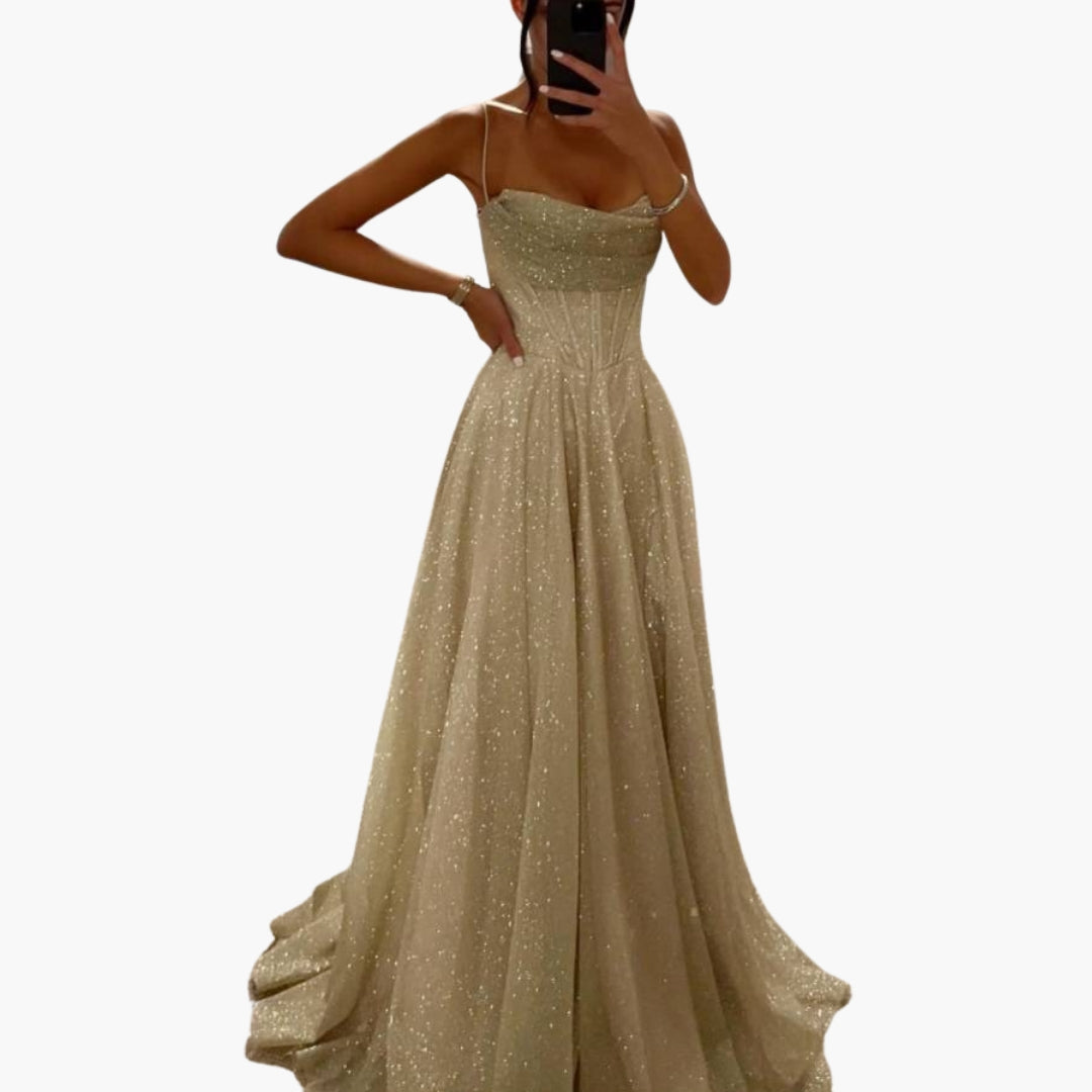Women's silver glitter gown with thin straps, fitted bodice, and floor-length multi-layered skirt