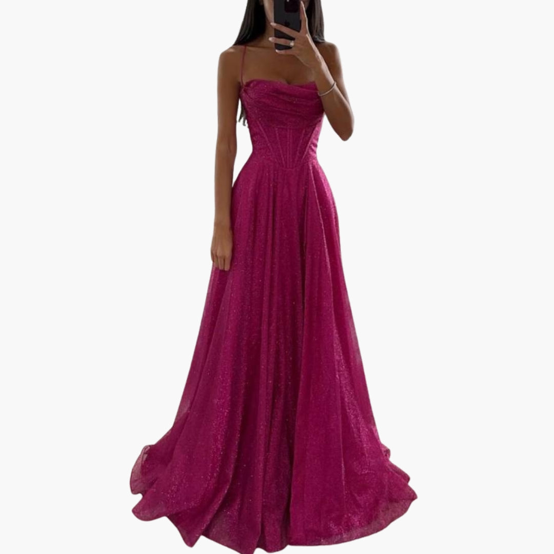 Women's long glitter gown with thin straps, fitted bodice, and allover sparkle for formal occasions