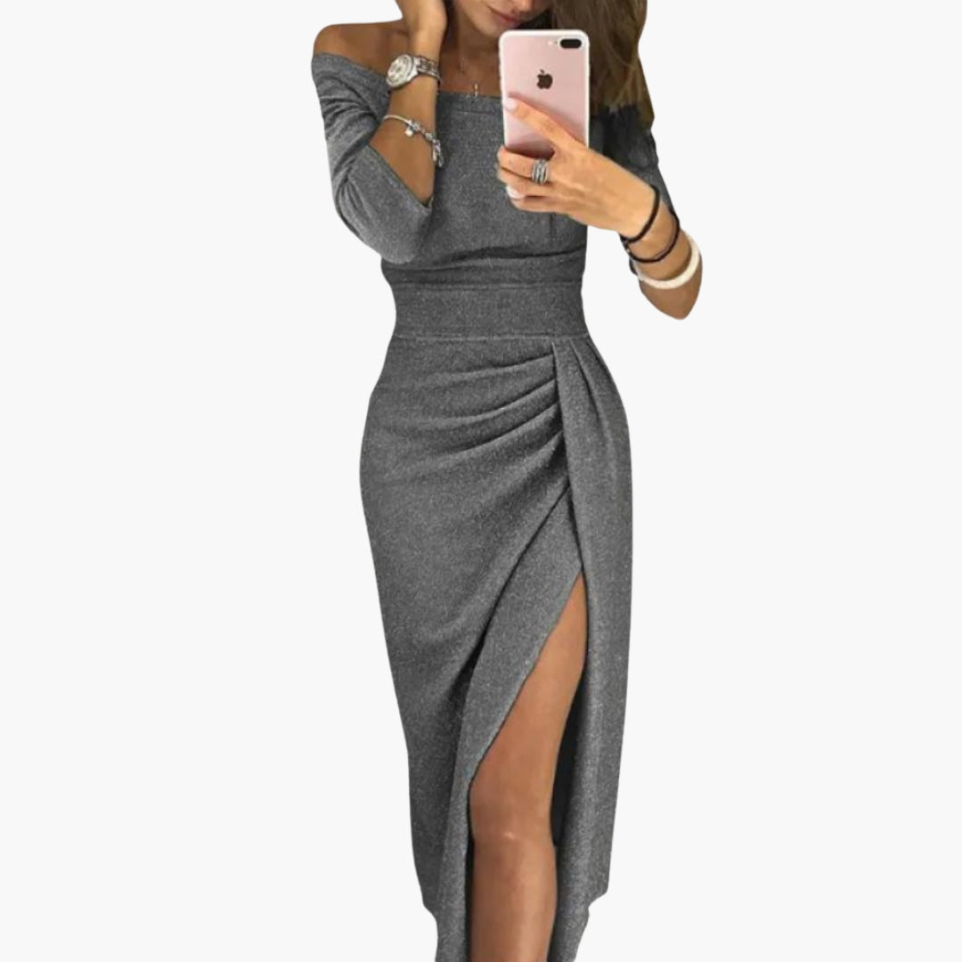 Women's glitter off-shoulder midi dress with wrap front, side slit, and glamorous textured finish