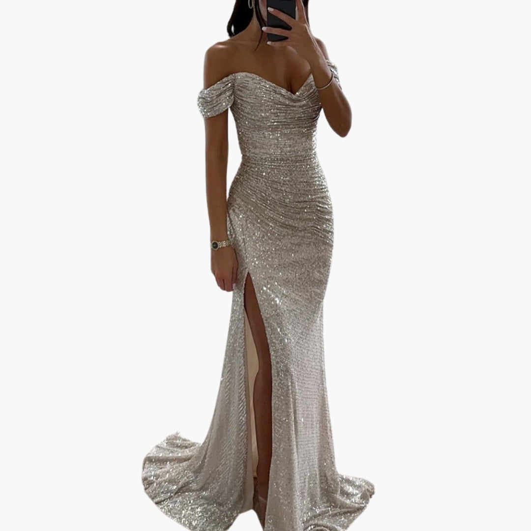 Women's gold sequin off-shoulder long dress with draped sleeves, side slit, glamorous formal gown