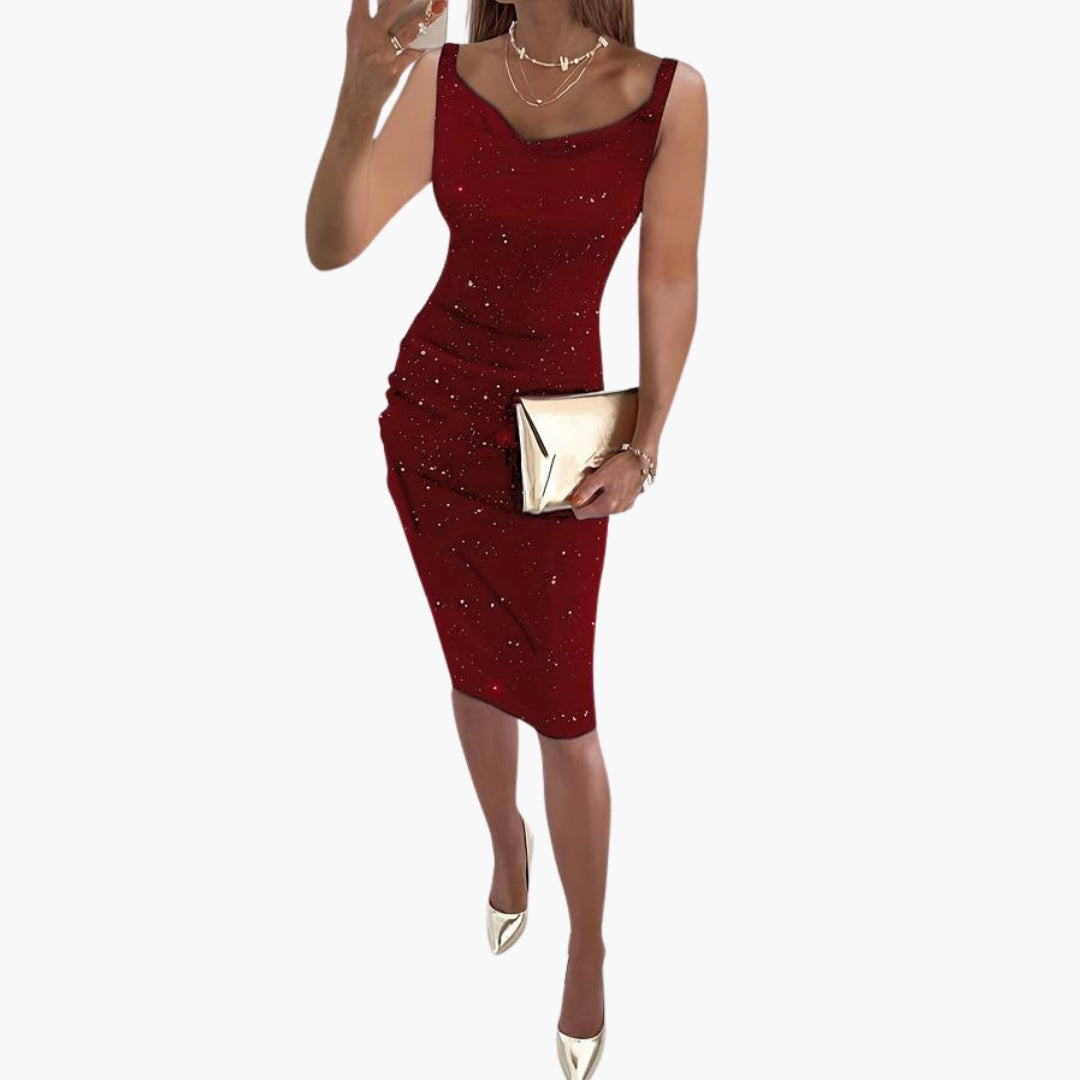 Women's sleeveless sequin mini dress allover glittering surface round neckline knee length evening wear
