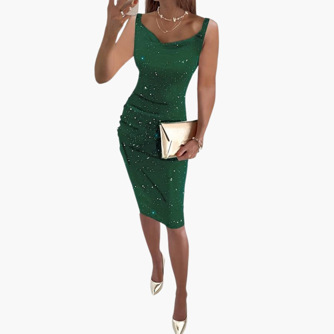 Women's sleeveless sequin dress knee-length glamorous allover glittering surface round neckline evening wear