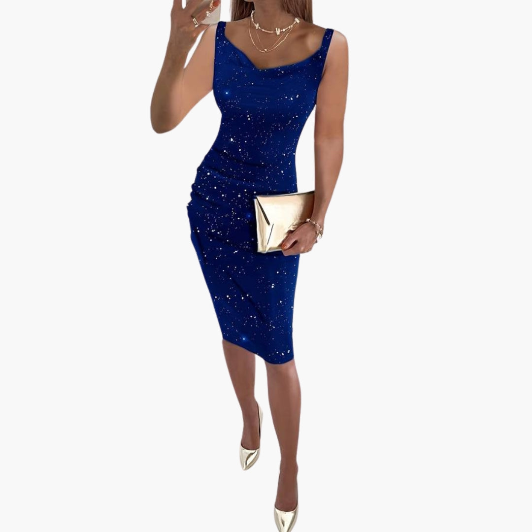 Women's sleeveless sequin dress knee-length glamorous allover glittering evening gown round neckline