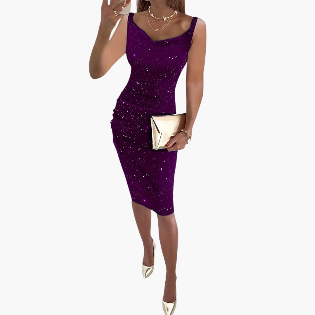 Women's sleeveless sequin dress knee-length glamorous allover glittering evening gown round neckline