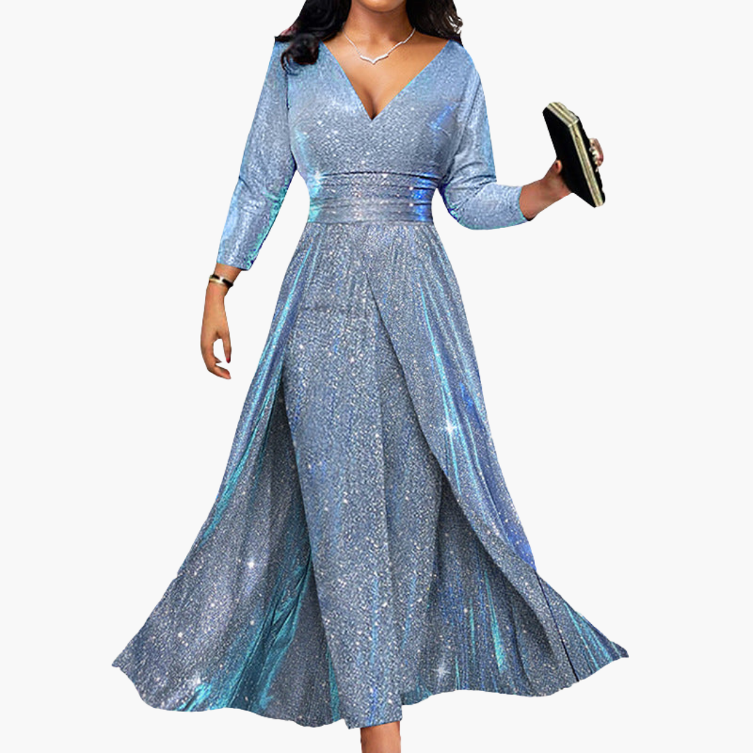 Elegant women's long wrap dress with V-neck, long sleeves, cinched waist, and front crossover detail