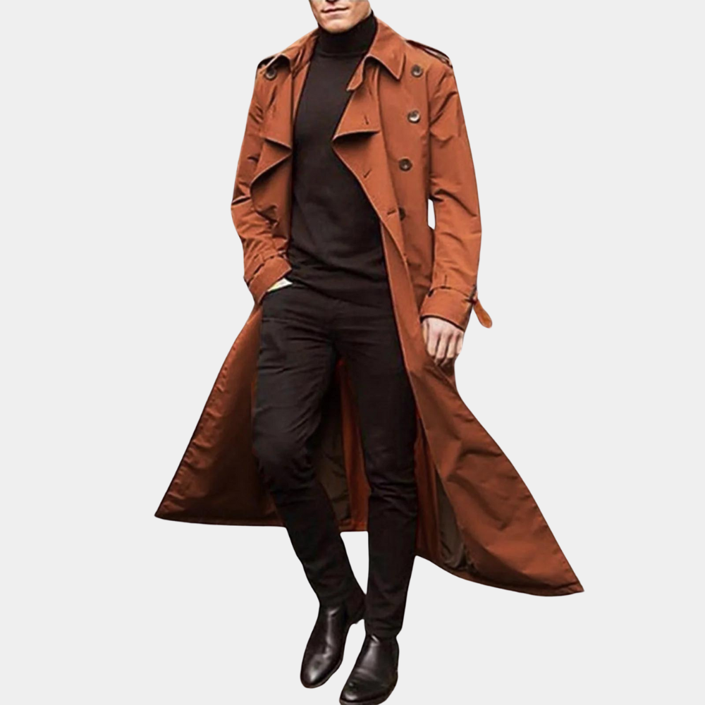 Men's beige tailored-fit trench coat with double-closure front, breathable cotton, timeless urban style
