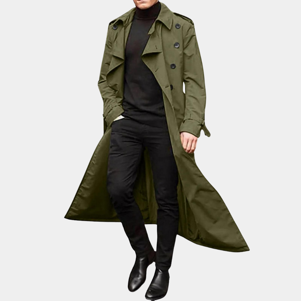 Men's beige tailored-fit trench coat in breathable cotton with double-closure front for modern style