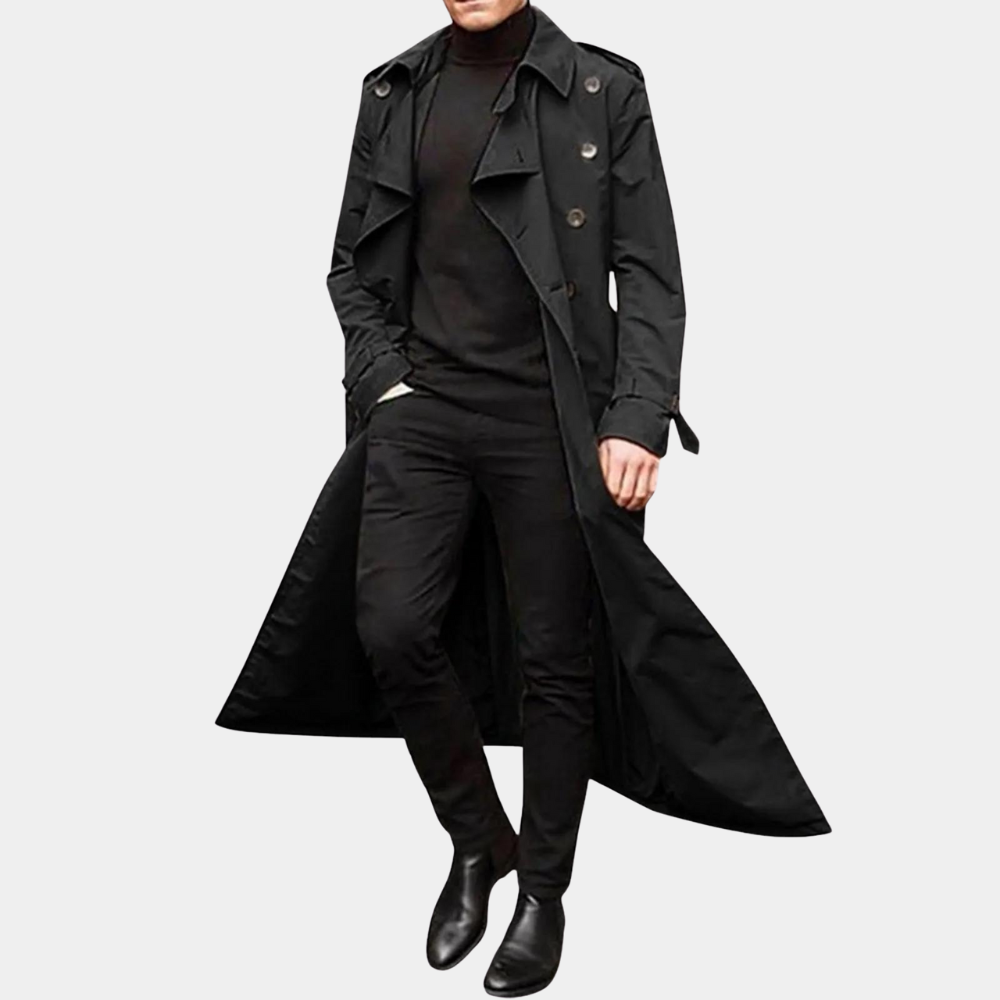 Men's beige tailored-fit trench coat in breathable cotton with double-closure front for modern style