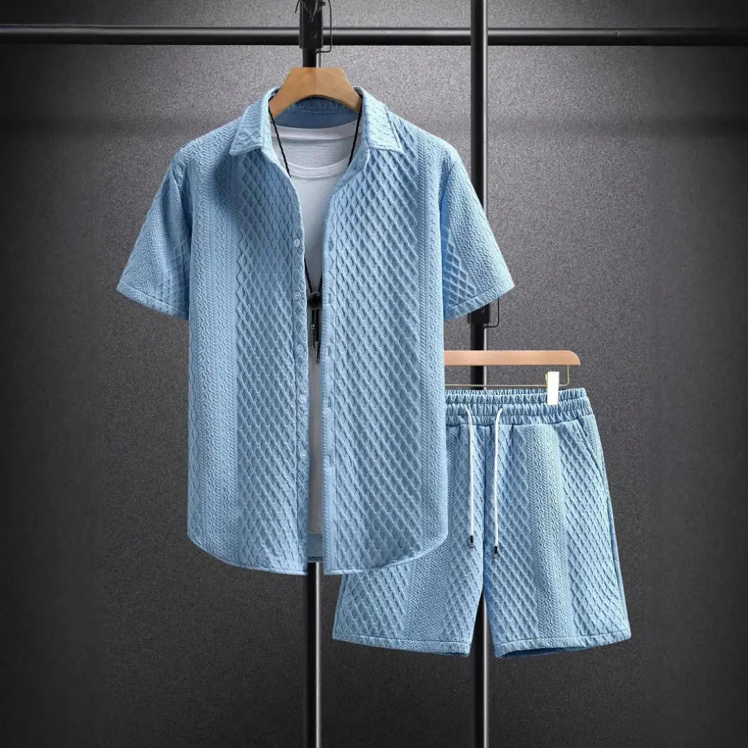 Men's beige textured short-sleeve shirt and drawstring shorts 2-piece casual summer resort set