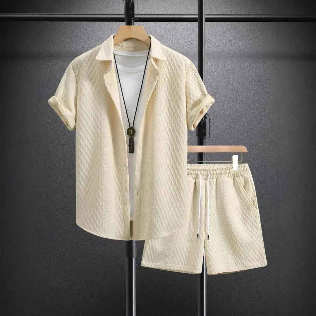 Men's beige textured 2-piece set breathable button-up shirt matching drawstring shorts resort style
