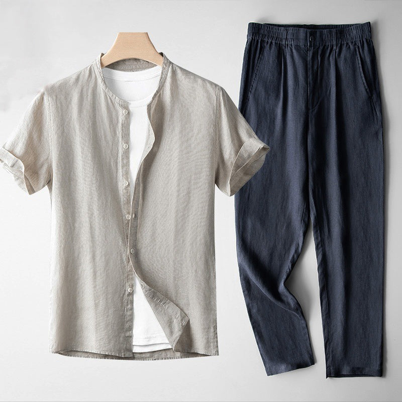 Men's mandarin collar short-sleeve shirt navy tapered trousers Mediterranean ensemble layered white crewneck