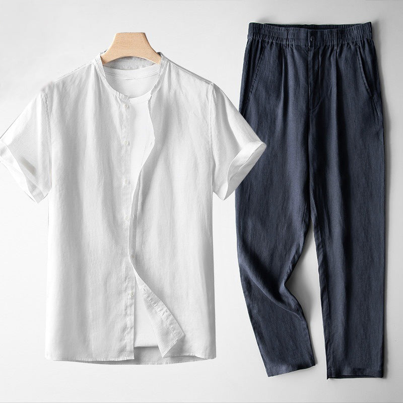 Men's mandarin collar short-sleeve shirt and navy tapered trousers Mediterranean ensemble