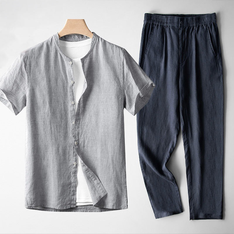 Men's mandarin collar short-sleeve shirt navy tapered trousers Mediterranean ensemble layered white crewneck
