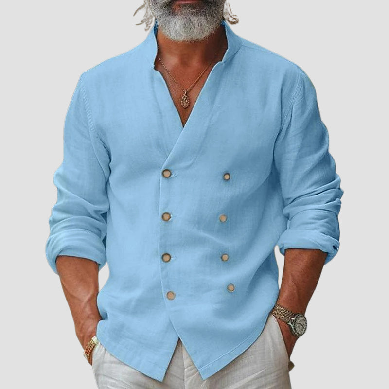 White double-breasted grandad collar shirt bold minimalist silhouette modern tailored fit