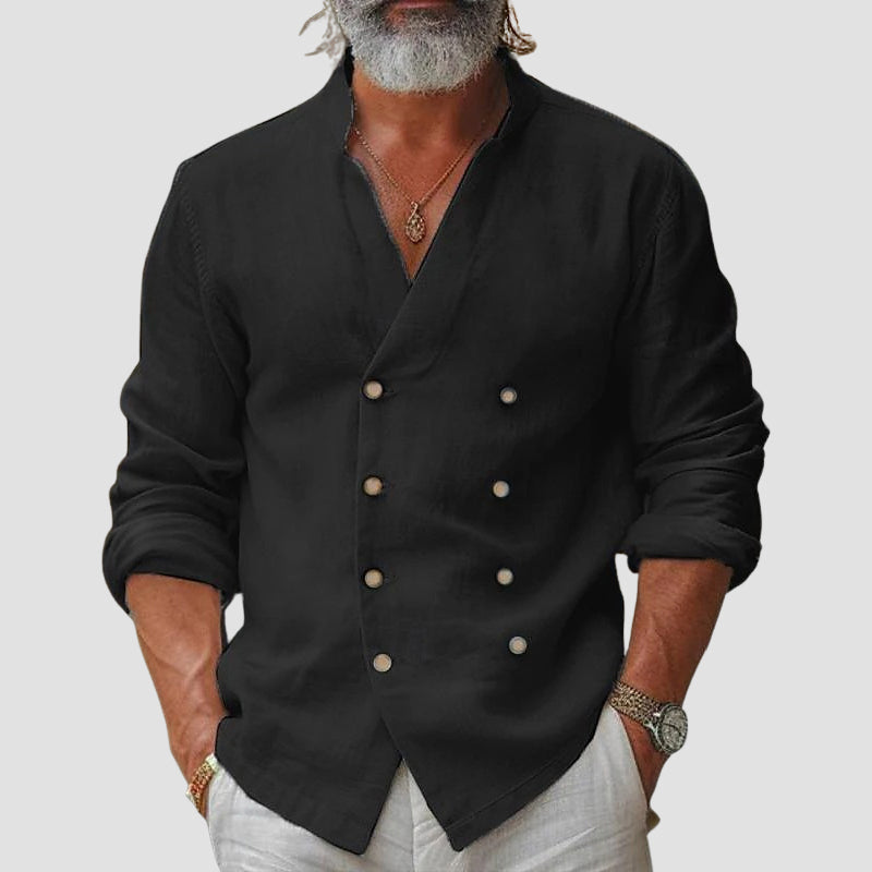 White double-breasted grandad collar shirt bold minimalist silhouette cotton blend modern fit