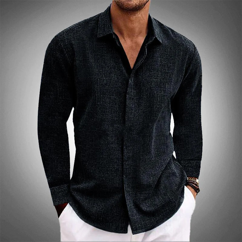 Men's solid relaxed fit long sleeve button-up shirt with classic collar for spring casual style