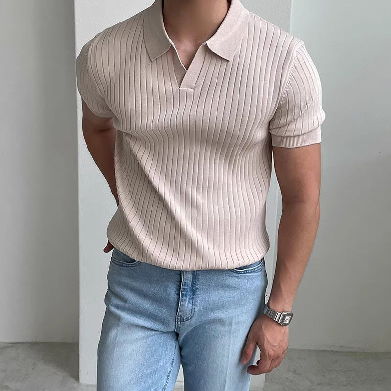 Roberto Russo Aspromonte men's ribbed knit polo shirt slim fit with open placket elongating silhouette