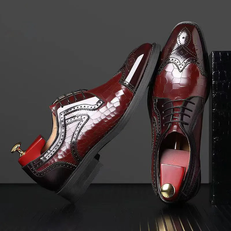 Men's burgundy black crocodile-embossed patent leather Oxford shoes high-gloss formal dress style