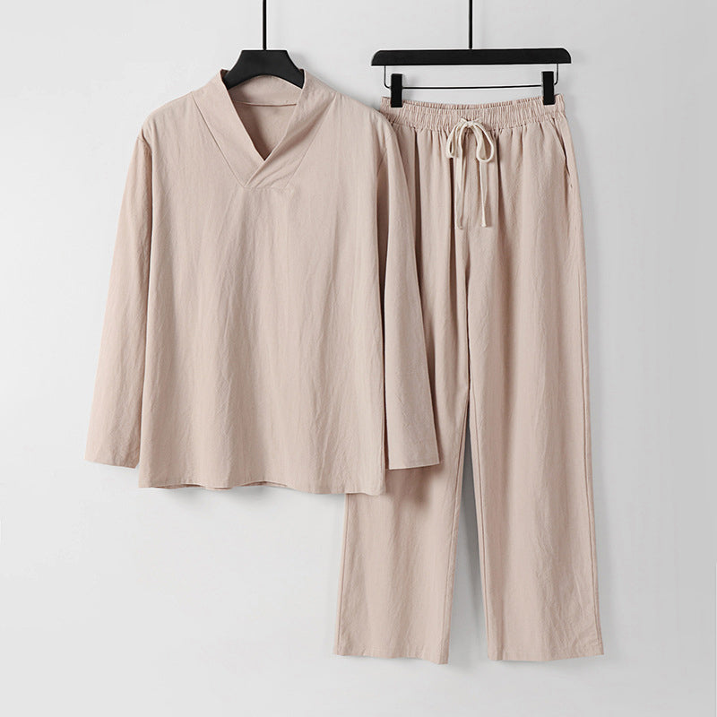 Men's gray two-piece loungewear set V-neck long-sleeve top matching drawstring pants minimalist fit