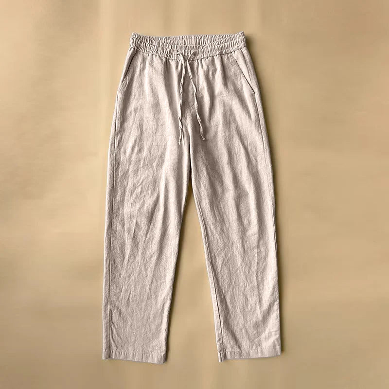 Roberto Russo men's beige linen-cotton blend pants structured fit breathable naturally textured finish