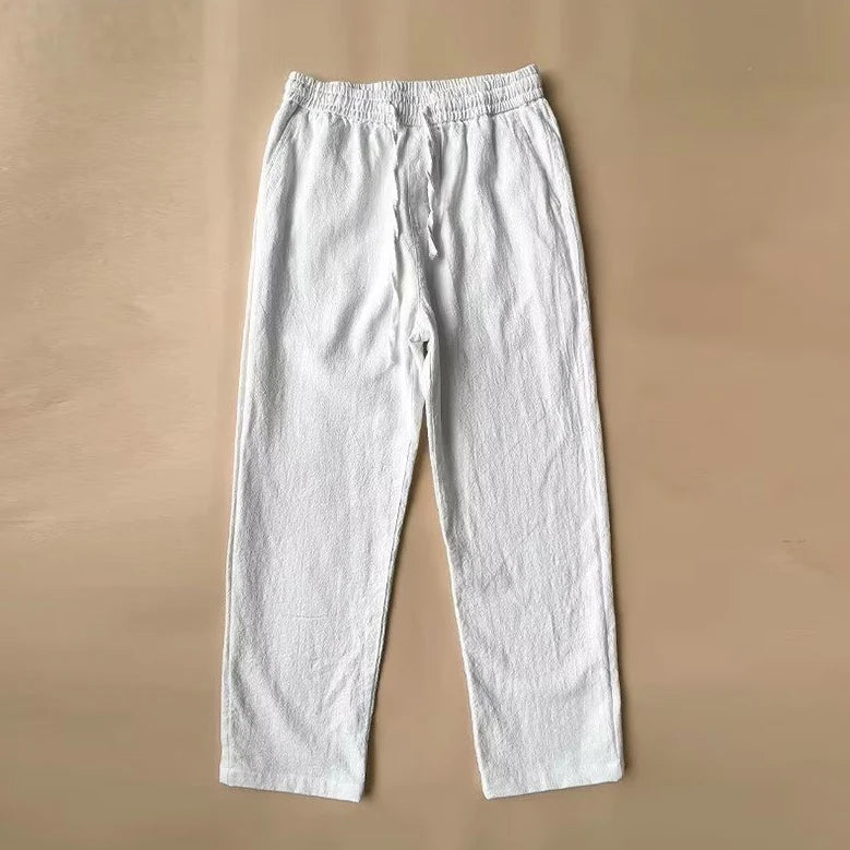 Roberto Russo men's beige linen-cotton blend pants structured fit breathable naturally textured finish