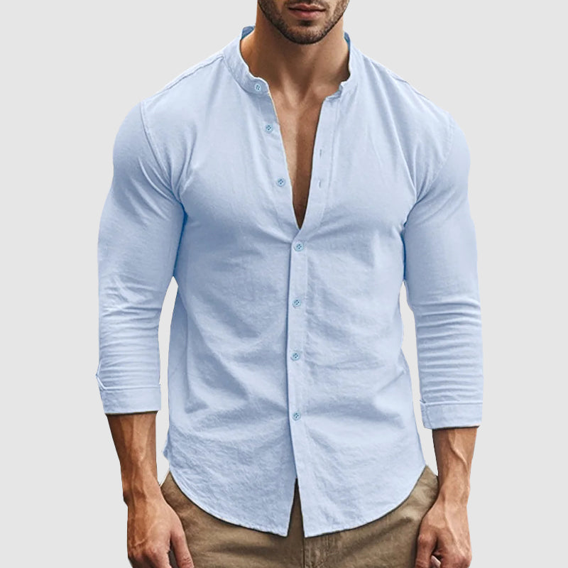 Roberto Russo men's white linen-cotton blend shirt, relaxed fit with button-up closure