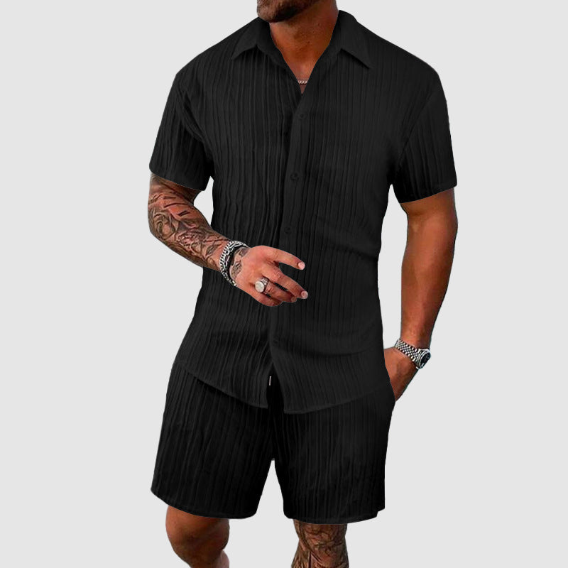 Roberto Russo Calypso Coast two-piece polyblend set, breathable button-up shirt and matching shorts