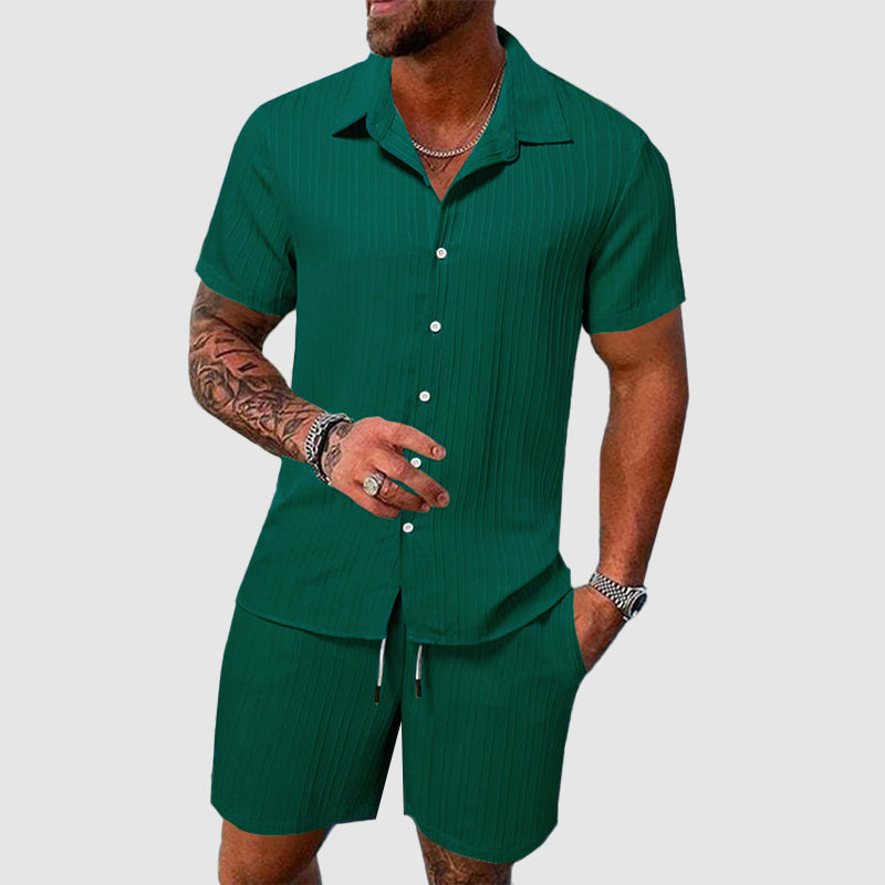 Roberto Russo Calypso Coast two-piece polyblend set breathable button-up shirt matching shorts coastal style