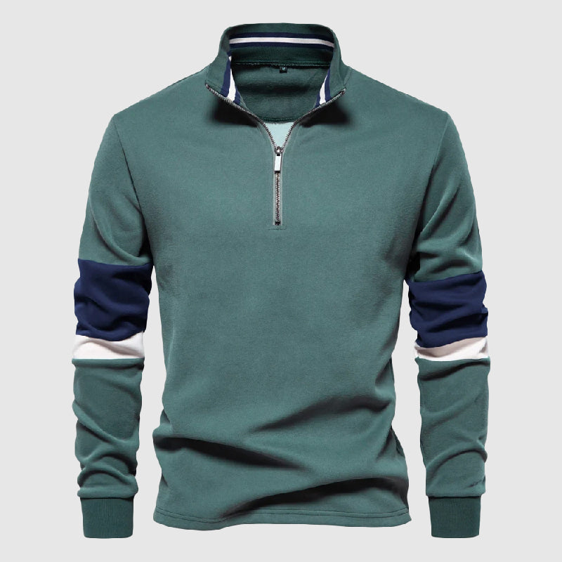Roberto Russo men's patchwork pullover, striped sleeves, quarter-zip high collar sporty knit sweater
