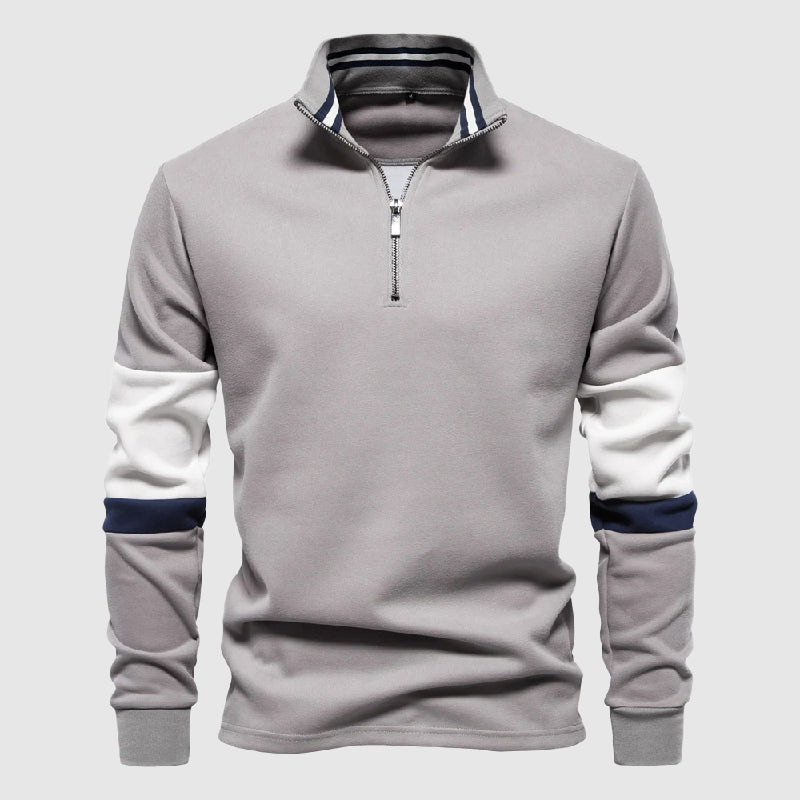 Roberto Russo men's patchwork pullover quarter-zip high collar with contrasting striped sleeves