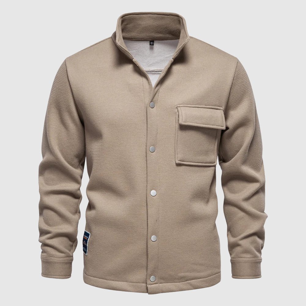 Theo unisex relaxed fit fleece jacket with collared snap button front in casual everyday style