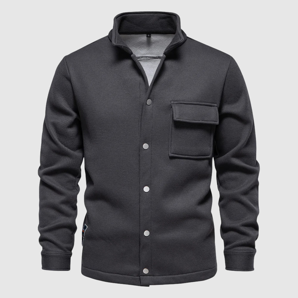 Theo unisex relaxed fit fleece jacket collared snap button front casual everyday wear hip-length silhouette