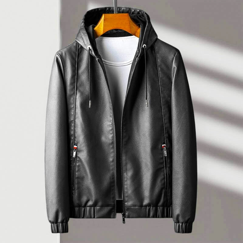 Roberto Russo black hooded eco-leather jacket sleek modern fit with silky lining for urban style