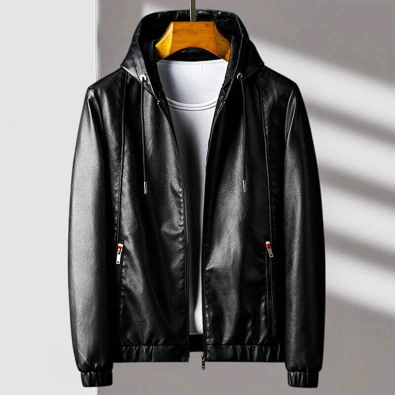 Men's black faux leather hooded jacket full-zip slim fit with side pockets everyday streetwear edge
