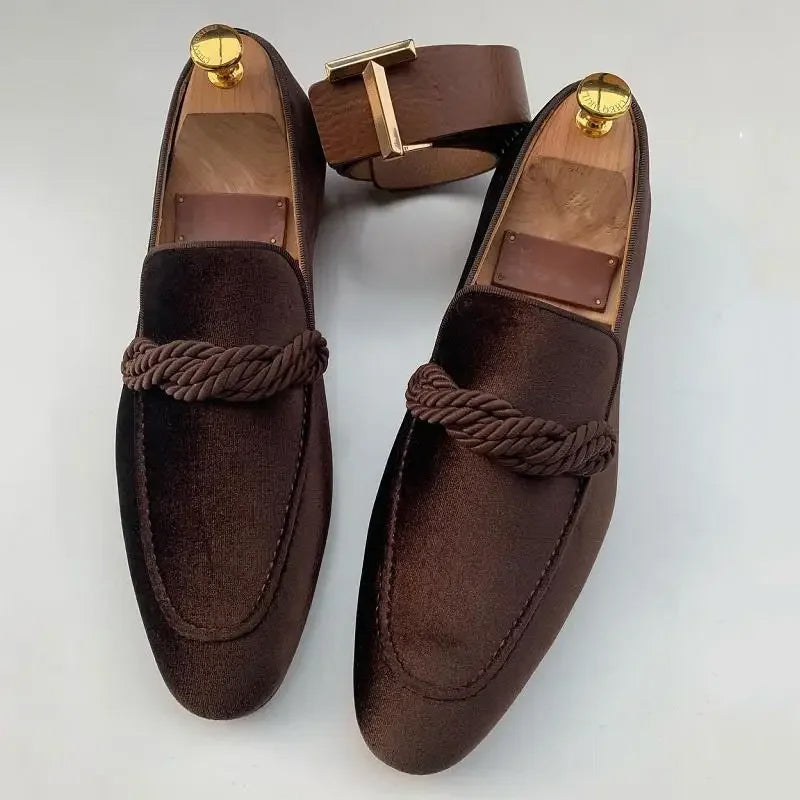 Men's black velvet slip-on loafers with elegant braided detail for dressy comfort