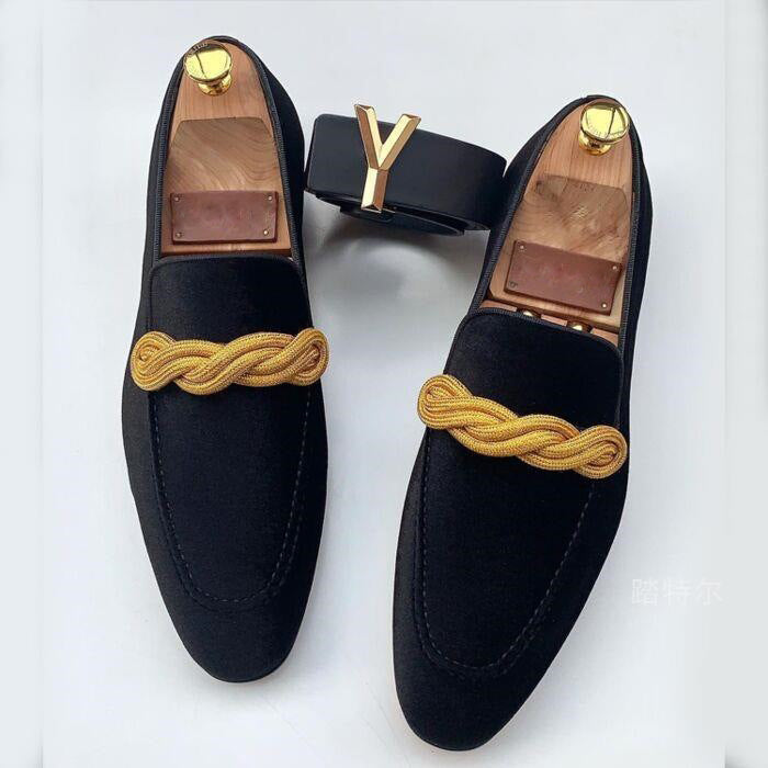 Men's navy velvet slip-on loafers with braided detail, dressy silhouette for modern professional style