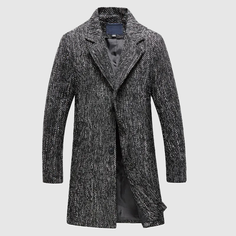 Men's charcoal wool coat tailored fit notched lapel mid-length formal outerwear polished silhouette