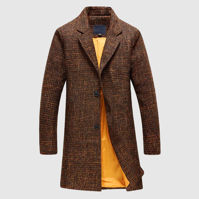 Men's charcoal wool coat tailored fit notched lapel mid-length formal outerwear professional style