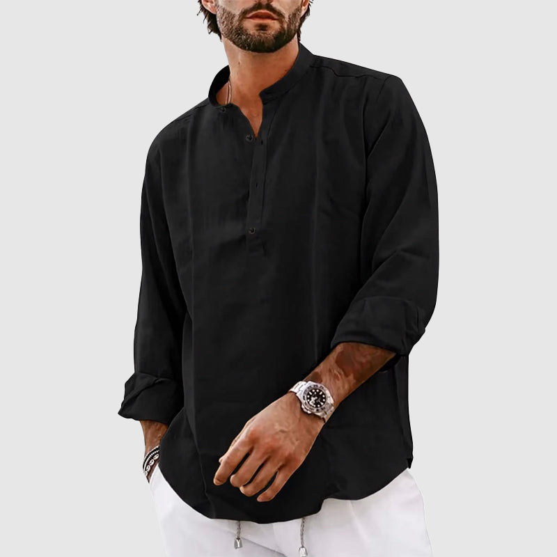 Men's relaxed fit Henley shirt natural fiber blend band collar long sleeve casual top
