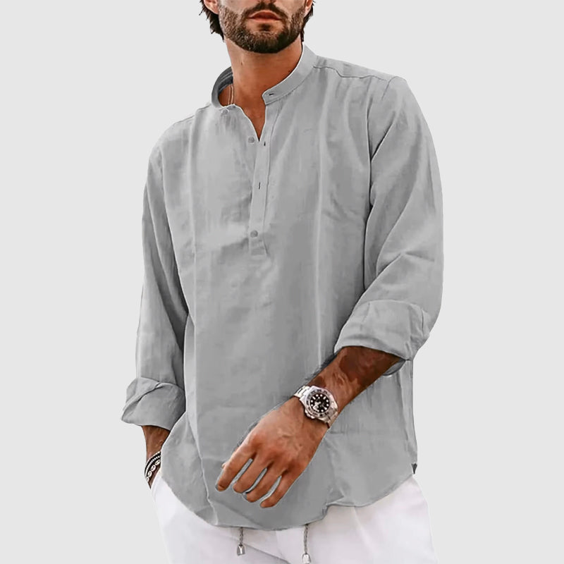 Men's relaxed-fit Henley shirt natural fiber blend band collar long-sleeve casual top