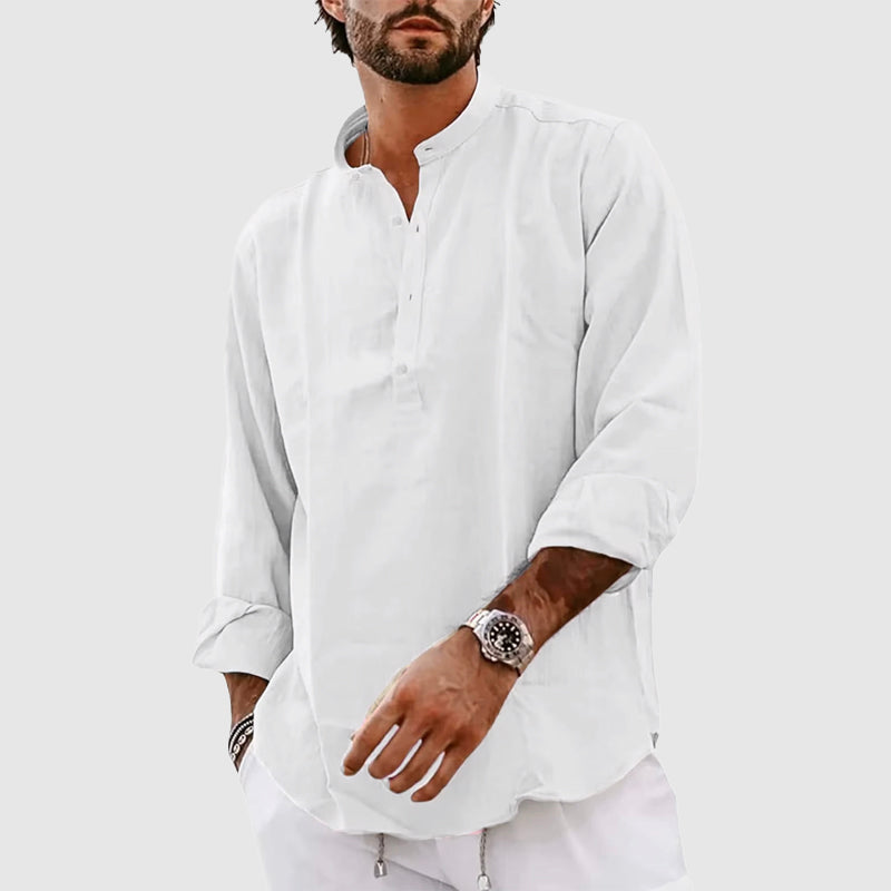 Men's relaxed-fit Henley shirt natural fiber blend band collar long sleeve casual top