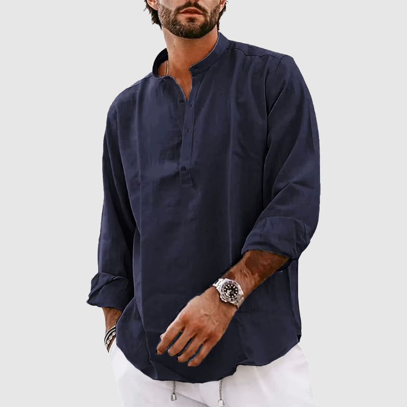 Men's white linen Henley shirt relaxed fit stand collar breathable summer essential